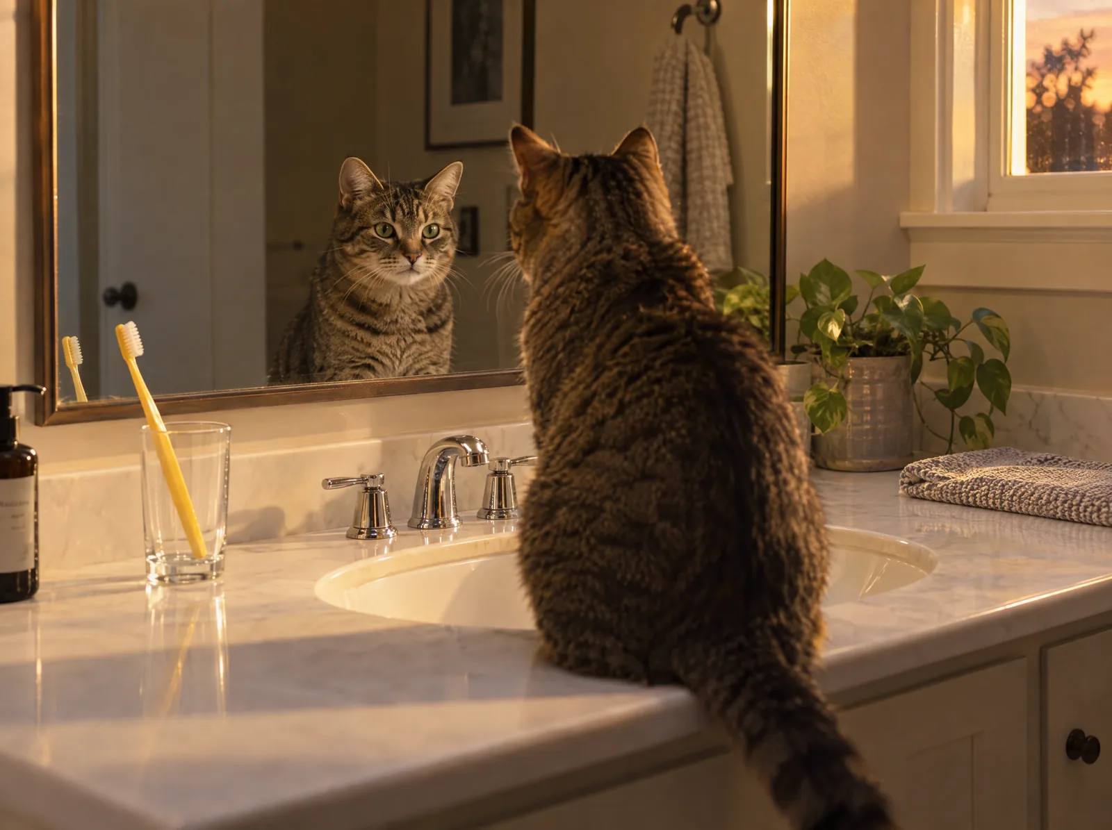 A cat facing the mirror