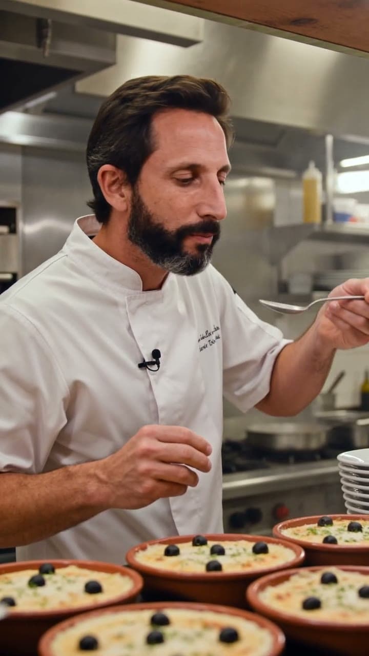 A chef plating bacalhau com natas