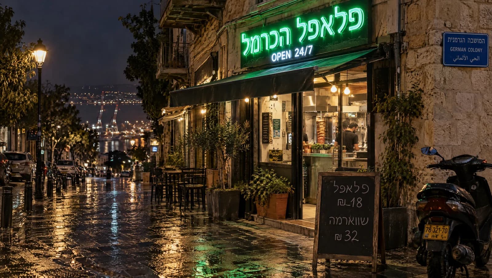 Hebrew neon on a Haifa falafel shop