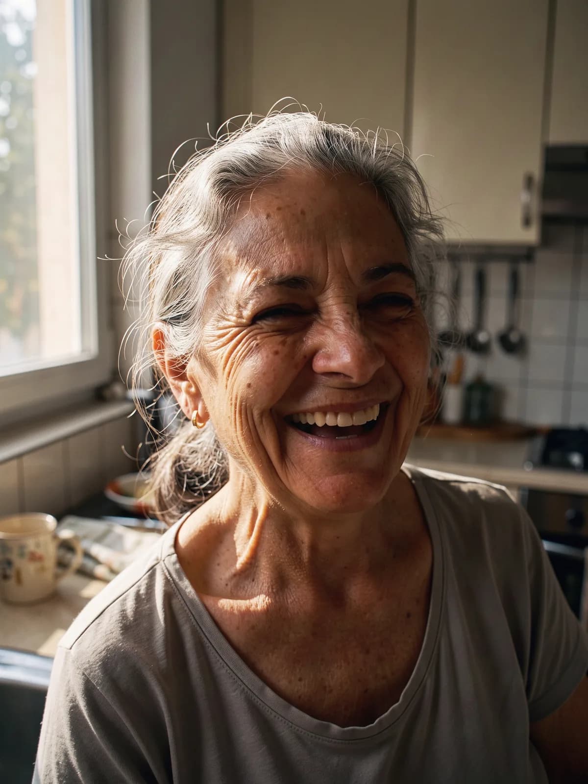 Laughing in her kitchen