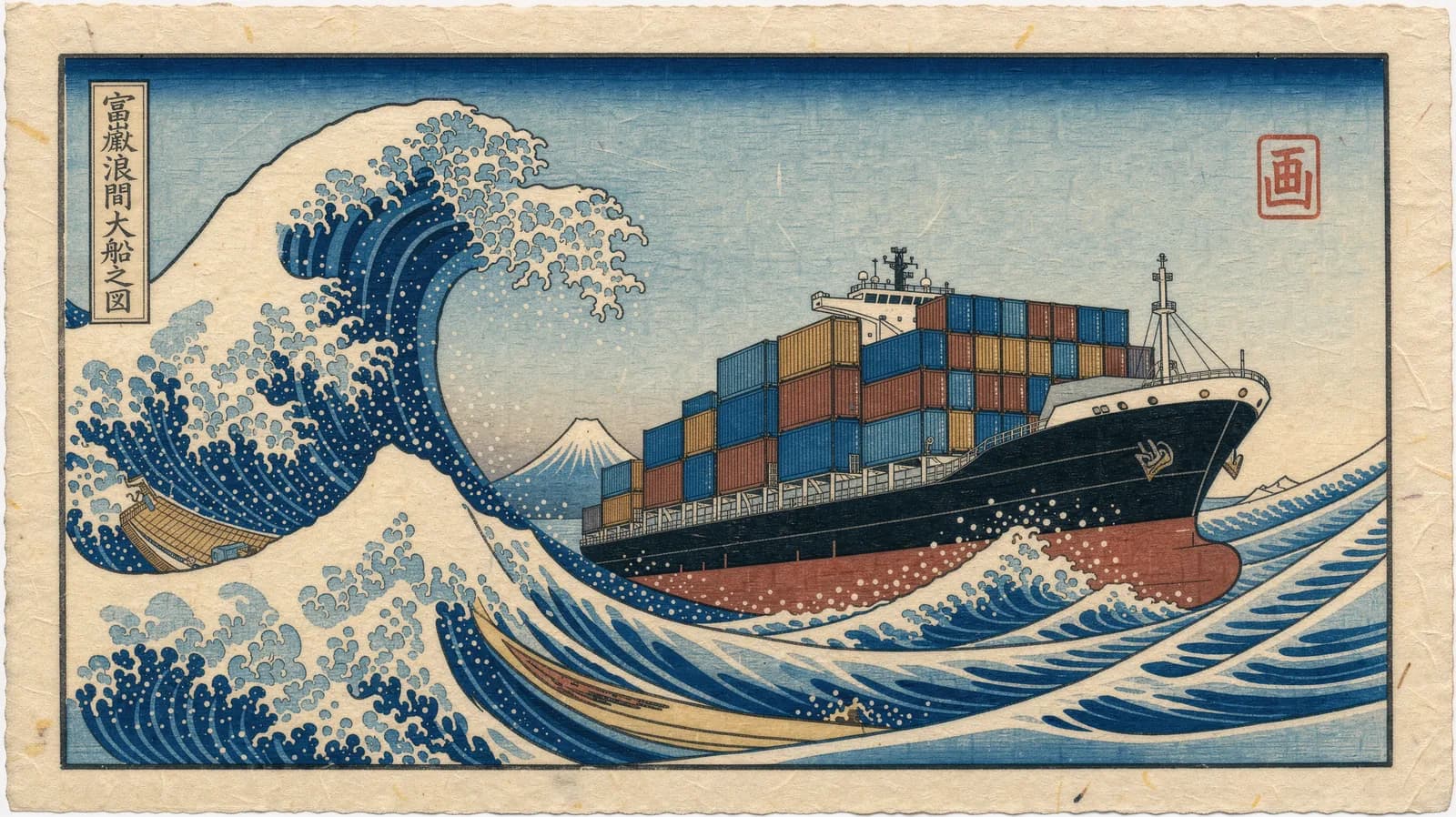 A container ship as an ukiyo-e print